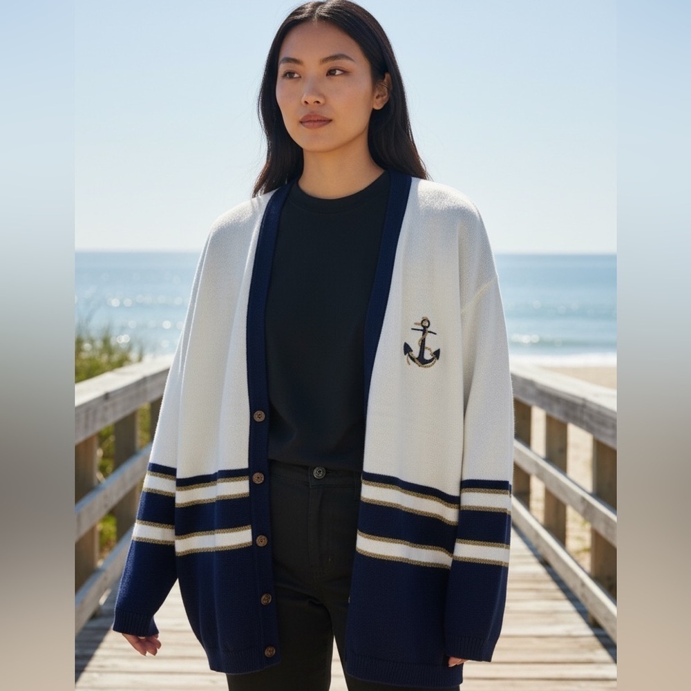 Anchor Embroidered Women's Cardigan - Navy and White - Medium